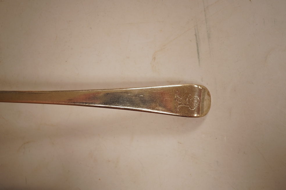 An early George III silver Old English pattern soup ladle, John Lampfert, London, 1768, 32.3cm, 4.3oz.